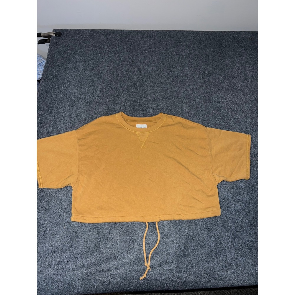 American Eagle Mustard Yellow Cropped Short Sleeve Sweatshirt Medium Drawstring